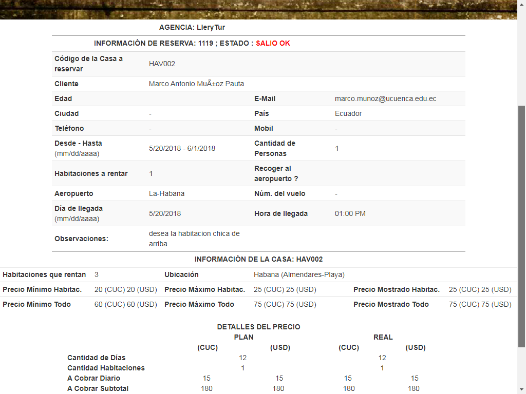 Information of Reservation selected