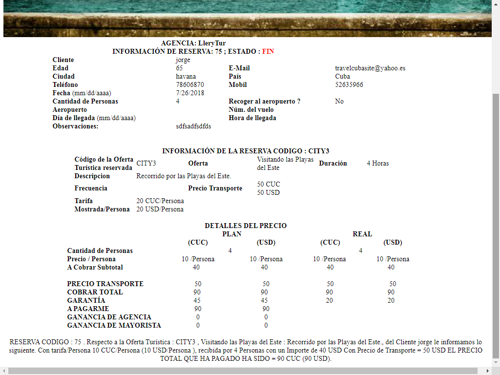 Informacin de la Reserva que desea visualizar